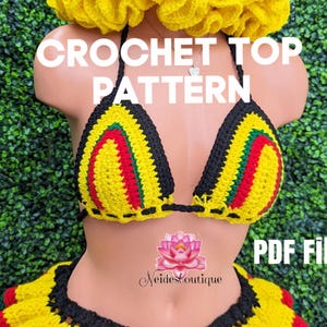 May include: A crochet top pattern in yellow, black, and red. The top is displayed on a mannequin with the text "CROCHET TOP PATTERN" and "PDF File". The top has a halter neck and a floral design.