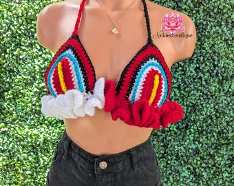 Carnival ruffle Bralette Antiguan crop top crochet top, beach skirt, festival skirt Jamaican festival, beach outfit, bohemian style Antigua