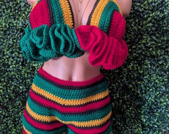 Rasta outfit festival outfit ruffle carnival Outfit crochet top shorts skirt bikini bottom festival skirt Jamaican afropunk festivalbohemian