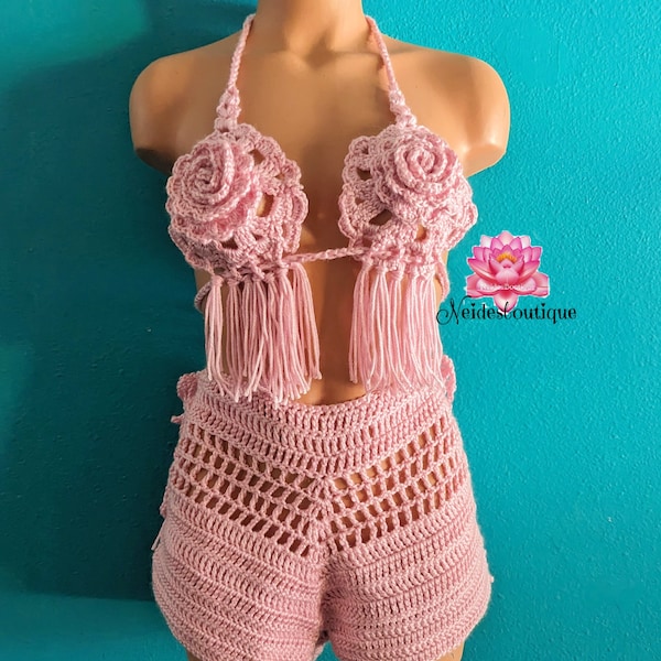 Pink highwaisted Crochet Shorts & Top, Vacation outfit beach outfit,Bohemian crisscross,Festival style bathing suit Swimsuit bikini cover