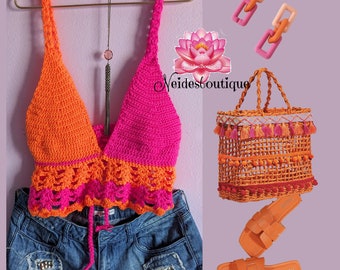 Hot Pink and Orange Top, Crochet Bralette Vacation outfit beach outfit,Bohemian crisscross,Festival style bathing suit Swimsuit bikini cover