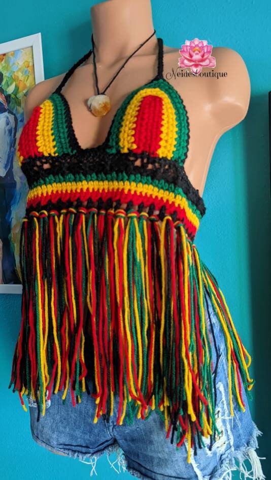Short Boho Rasta Rasta Fringe Bralette, Rasta Crop Top, Crochet Top, Beach Skirt ...