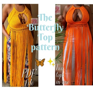 May include: Two crochet halter tops with fringe, one yellow and one orange. The text "The Butterfly Top pattern PDF file Two tops in one" is on the image.