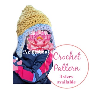 Puede incluir: Un patrón de gorro de crochet para un gorro de niño con orejeras. El gorro es amarillo y azul con un diseño de flor rosa. El patrón está disponible en cuatro tamaños. Neidesboutique Patrón de crochet.