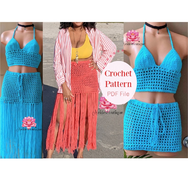 Pu&ograve; includere: Un modello di uncinetto PDF per un set di due pezzi, composto da un top halter e una gonna con frange. Il top e la gonna sono mostrati in blu turchese e corallo.