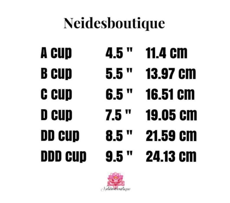 Pu&ograve; includere: Un grafico che mostra le taglie di coppa del reggiseno in pollici e centimetri. Il grafico elenca le taglie di coppa da A a DDD.