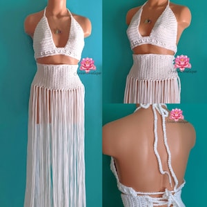 Baddie in weißem Outfit, Festival-Outfit, häkeln Top, Festival-Gürtel, Festival Rock, schwarze Outfit Festival, Strand-Outfit, Boho-Stil