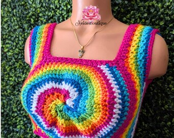 Multicolor spiral crochet top spring crochet crop top festival top handmade top crochet top bohemian style boho rainbow top