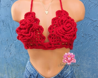 Top au crochet floral rouge coucou au crochet haut festival tenue au crochet haut court meilleur ami cadeau style bohème hippie haut cadeau pour femme