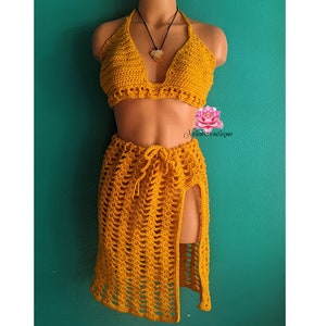 Golden Goddess Crochet Set, crochet Bralette and skirt, crochet top, cotton crochet beachwear, crochet underwear, bikini cover up