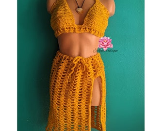 Golden Goddess Crochet Set, crochet Bralette and skirt, crochet top, cotton crochet beachwear, crochet underwear, bikini cover up