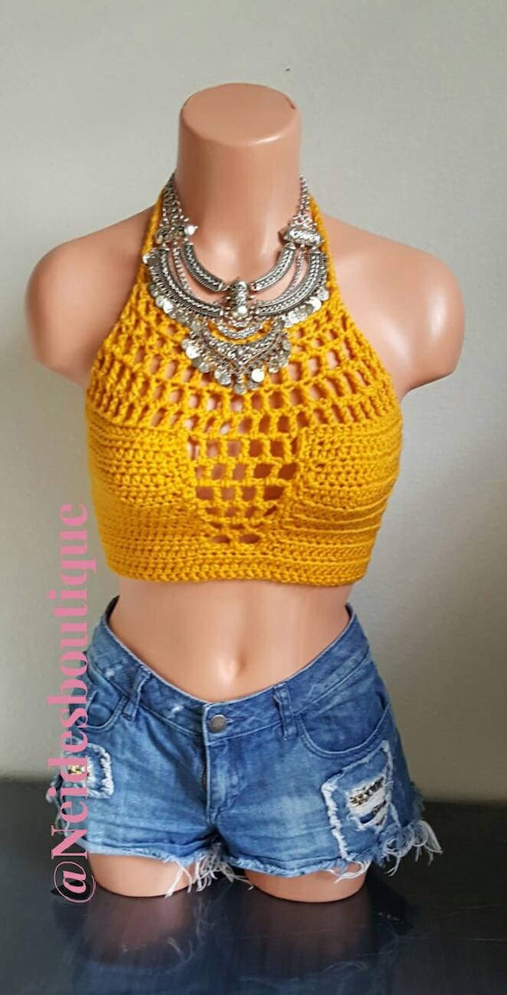 Crochet Bralette, Mustard Bikini, Crochet Halter Top, Crochet Crop