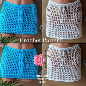 Pu&ograve; includere: Due modelli di gonna all'uncinetto, uno in blu turchese e uno in bianco. Il motivo all'uncinetto &egrave; un semplice design a griglia con un laccio in vita. Il testo "Due modelli di gonna in uno" &egrave; visibile nell'immagine.