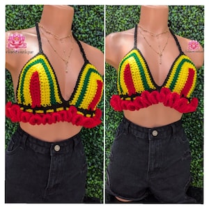 Rasta ruffle Bralette Rasta crop top crochet top, beach skirt, festival skirt, Jamaican festival, beach outfit, bohemian style,best friend