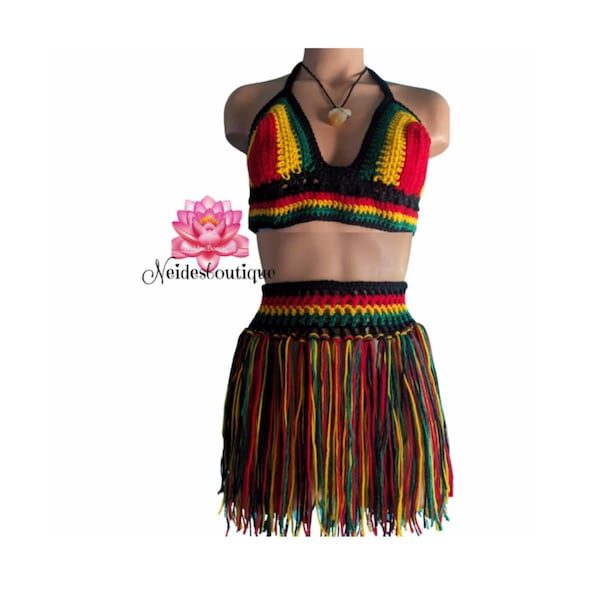 Rasta outfit, festival outfit,carnival Outfit, crochet top, rasta beach skirt festival skirt,Jamaican afropunk festival,bohemian style beach