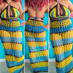 Long crochet skirt, St Lucia top and Skirt outfit, beach cover, dance skirt,Festival style bathing suit cover Swimsuit cover,bikini cover