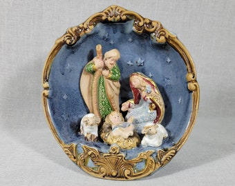 Art Pottery 3D Nativity Scene - Holy Family Creche Tabletop Display - Mary, Joseph, Baby Jesus, Sheep - Gold Embellishment - FREE SHIPPING