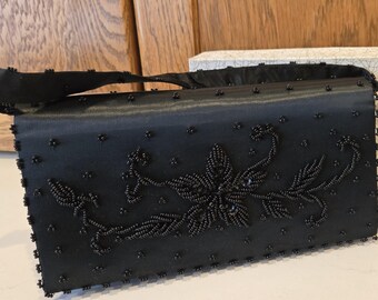 Emson Black Beaded Evening Bag Clutch Purse - Removable Strap - Handmade - Original Box