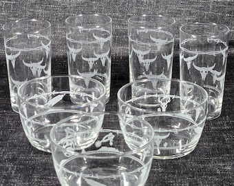 Vintage Old West Glassware Set – Longhorn Skull & Barbed Wire Design