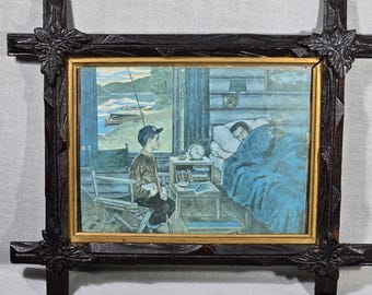 Antique Adirondack Carved Wood Picture Frame w/ Glass - Print of 'Let's Go Fishing' (1962) by Amos Sewell