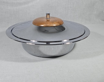 Milbern Creations Chrome Serving Dish – Wood Accent, Fire King Glass Insert, Retro Atomic