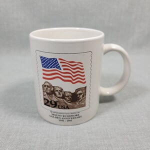 RARE Vintage Commemorative Souvenir Mug - Mount Rushmore Golden Anniversary 1941-1991 - USPS 29 Cent &quot;Flag over Mt Rushmore&quot; Stamp