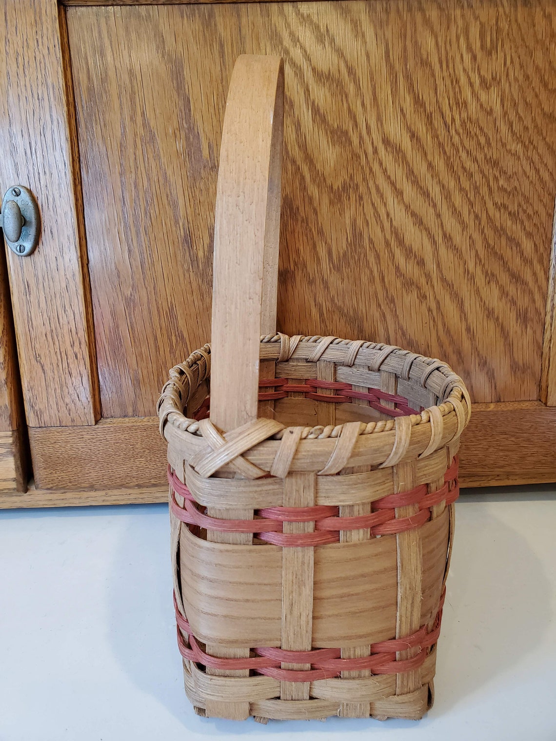 Vintage Handmade Woven Basket W/ Wood Handle Original Hand | Etsy