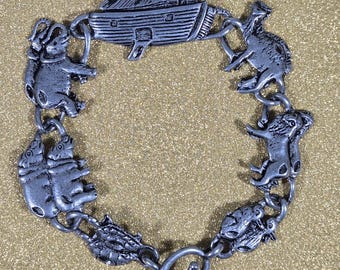 Noah's Ark Themed Silvertone Bracelet w/ Animal Pairs - 8 Inches