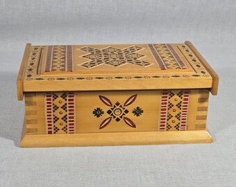 Carved Trinket Jewelry Box Handmade In 1970s Ukraine - USSR  - Handcrafted Hutsul Wooden Box Folk Art