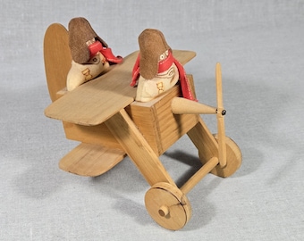 Handmade Wood Biplane with Cloth Pilots – Rustic Folk Art Toy