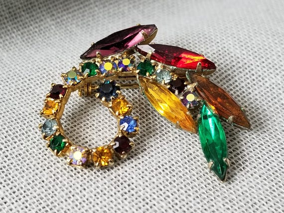 Multicolored and Faceted Rhinestone Floral Brooch… - image 2