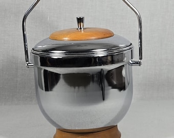 Milbern Creations Chrome Lidded Ice Bucket w/ Wood Accents - 1950s-1960s - Retro Atomic Barware