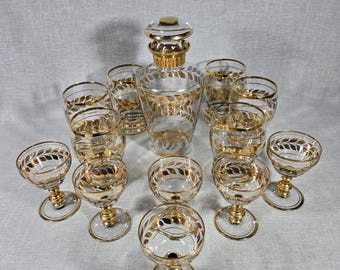 RARE Charles Ware or Charlesware Decanter w/ Six Rocks & Six Cordial Glasses - Hand Decorated with Gold - Mid Century Barware -FREE SHIPPING