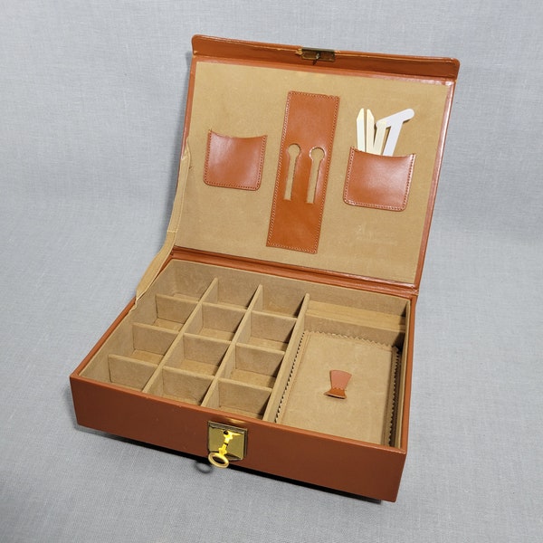 Mens Travel Jewelry Box Case Valet w/ Key 1970s - Brown Faux Leather - "Barney" In Gold - Tan Velvet Interior - Collar Stays - FREE SHIPPING