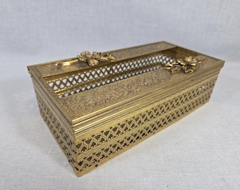 Vintage Hollywood Regency Gold Filigree Tissue Box Holder with Flowers