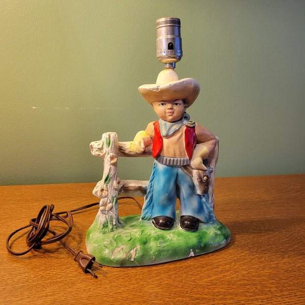 RARE! Vintage Chalkware Table Lamp - Cowboy Leaning On A Fence - McDonald Art Co - Old West Decor Child's Room- 1940s-1950s -FREE SHIPPING