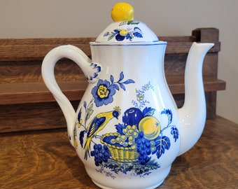 Spode Blue Bird Coffee Pot w/ Lid - Flowers & Fruit Basket - Copeland England - S3274 Fine Stone - Marlborough Shape - FREE SHIPPING