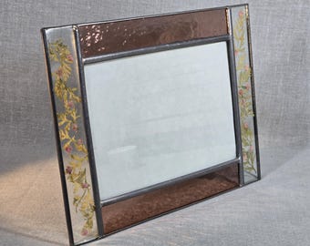 Burnes of Boston 5" x 7"  Frame - Stained Glass & Pink Pressed Flowers - Easel Back  - 1999