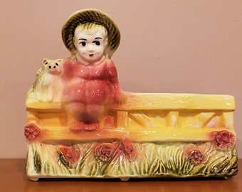 Vintage 1950s Hull Pottery Planter #87 - Child & Dog Sitting on Fence Bridge Wall