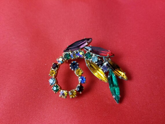 Multicolored and Faceted Rhinestone Floral Brooch… - image 1