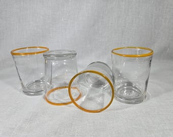 Hand Blown Clear Glasses with Orange Rim - Set of 4 Artisan Mexican Lowball Tumblers, Heavy Base Handcrafted Retro Barware