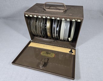 Vintage 1950s Fodeco Ejector Film Library Chest with 8mm Film Reels & Empty Spools • Industrial Movie Prop Decor