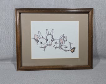 Four Bunnies and Butterfly Vintage Cross Stitch - Framed & Matted Under Glass - Dated 1988 - Cottagecore Nursery Handcrafted