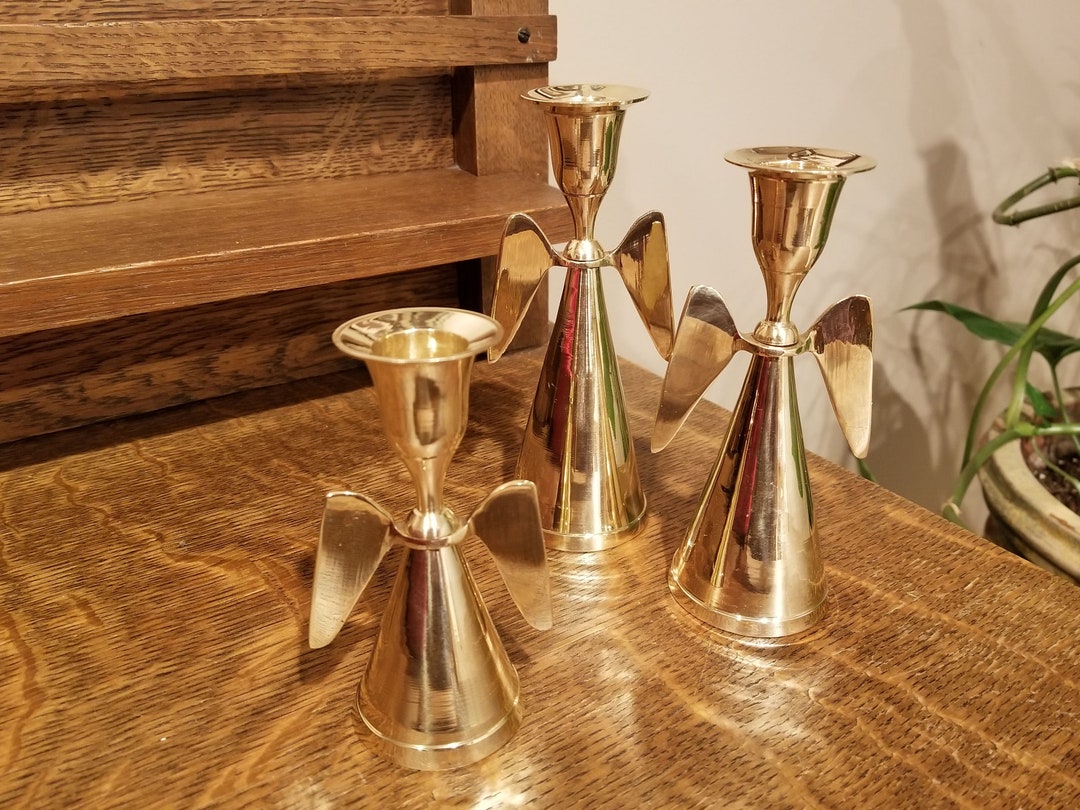 Three Brass Angel Candlesticks Angel Trio Small Medium Etsy