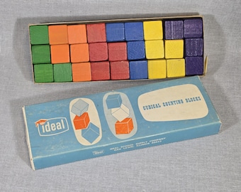 Vintage Ideal Counting Blocks – 27 Wooden Cubes in Original Box