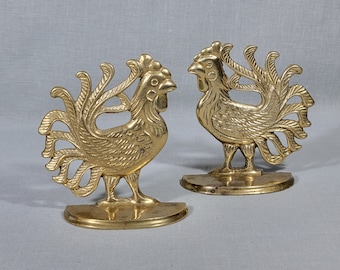 Rooster Bookends - Set of Two  - Shiny Brass w/ Aged Spots Patina - Stately Chicken Figurine - Heavy Stable One Pound Each - FREE SHIPPING