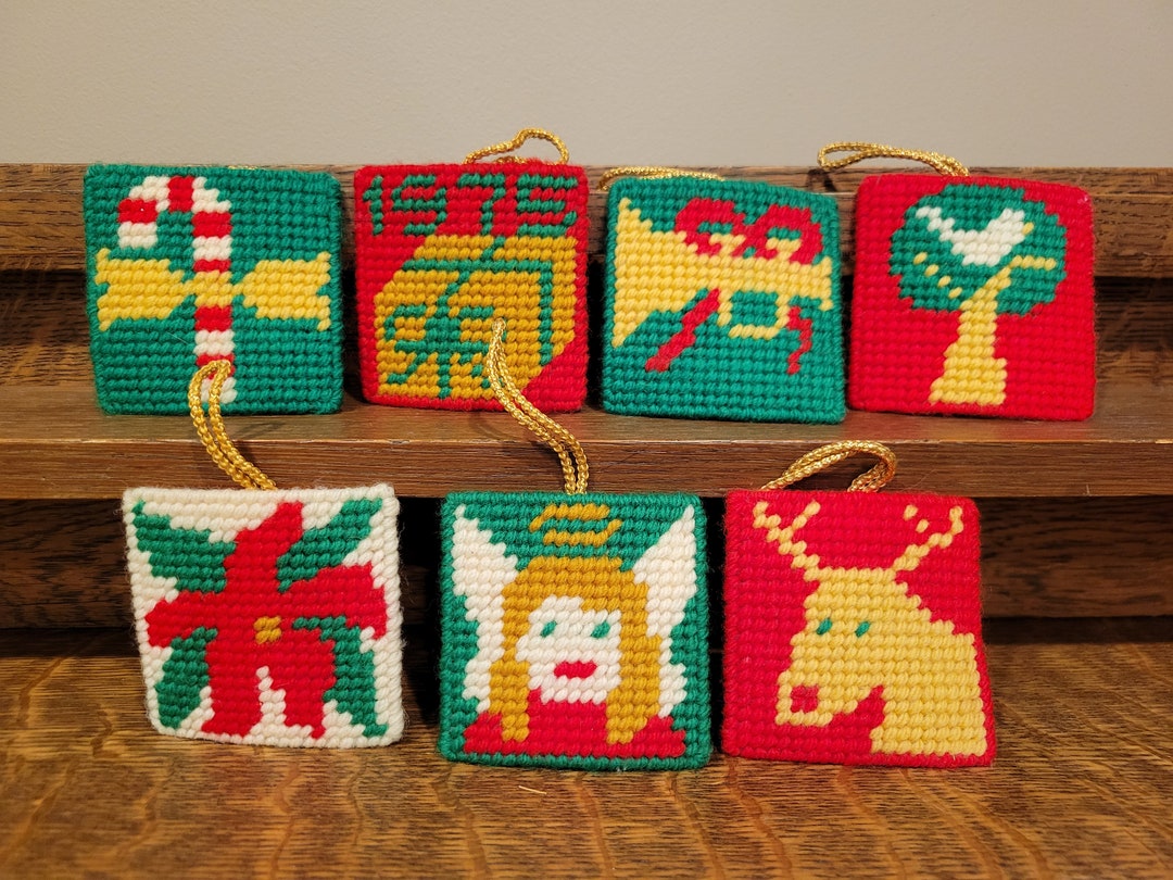 Vintage 1975 Plastic Canvas Needlepoint Christmas Ornaments Set of 7