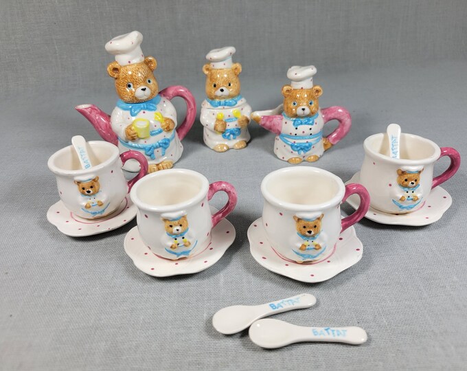 Battat Ceramic Toy Tea Set 1996 Bears W/ Chef Hats Includes Figural