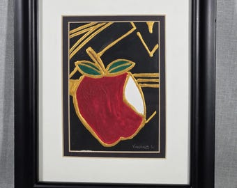 Original Abstract Apple Painting – Gold Outline, Signed Vincenza ’01