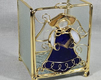 Stained Glass Singing Angel Candle Holder - Blue Cobalt - Christmas Decor - Angel Collector